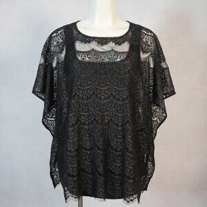 Plus Size 2X-3X Black Gold Lace Holiday Blouse Loose Flowy